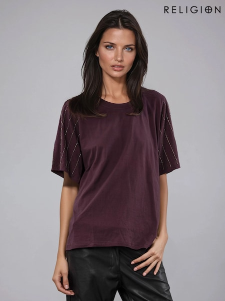 Religion Purple Oversized Boxy T-Shirt With Embellished Sleeves (V06186) | £45