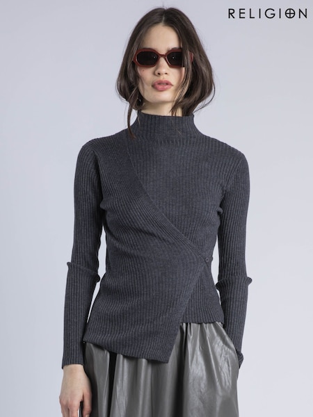 Religion Grey Serena Draped Wrap Roll Neck Top In Lux Rib Knit (V06187) | £60