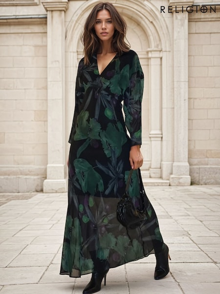 Religion Green Lily Column Bias Cut Maxi Dress In Floral Print (V06195) | £85