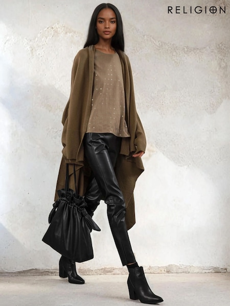 Religion Brown Unite Maxi Waterfall Cardigan In Soft Textured Yarn In Brindle (V06197) | £105