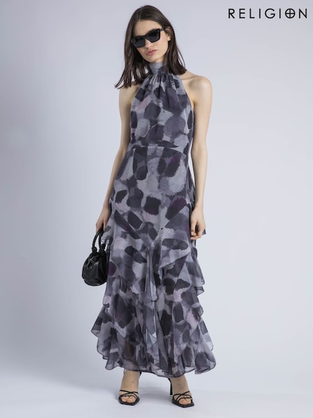 Religion Animal Taylor Halterneck Maxi Dress In Grey & Lilac Leopard Spot Print (V06199) | £130