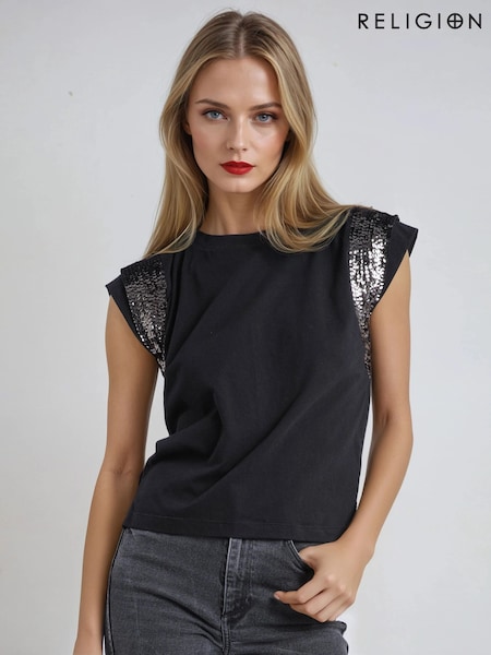 Religion Black Just Rose Embellished Sleeve T-Shirt (V06200) | £55