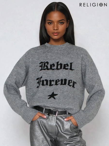 Religion Grey Rebel Forever Crew neck Slogan Jumper in Soft Yarn (V06206) | £85
