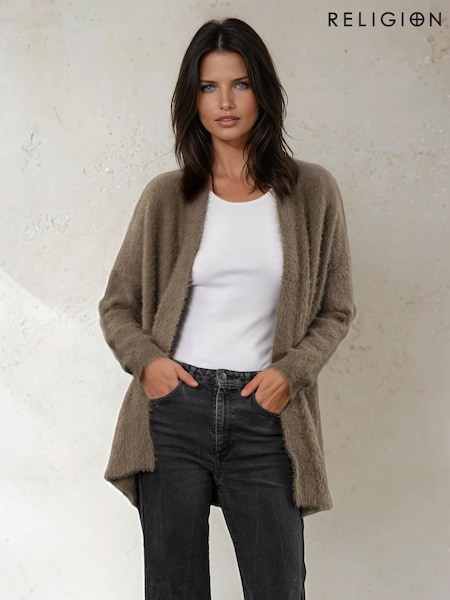 Religion Brown Iris Longline Cardigan In Super Soft Fluffy Yarn (V06220) | £88