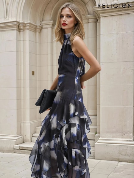 Religion Blue Taylor Halterneck Maxi Dress In Black Check Print (V06221) | £130