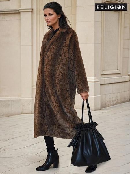 Religion Animal Margot Python Faux Fur Long Line Coat (V06223) | £170
