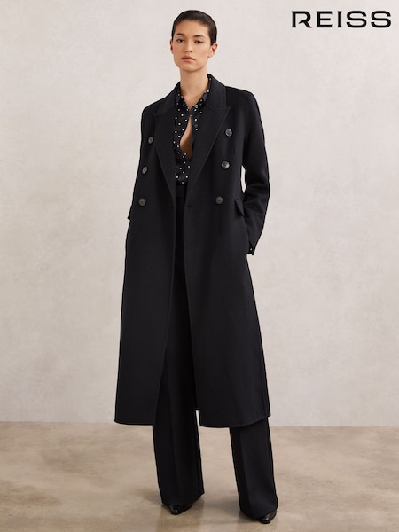 Reiss Navy Brogan Petite Double-Breasted Blindseam Coat Wool-Blend (V06395) | £350