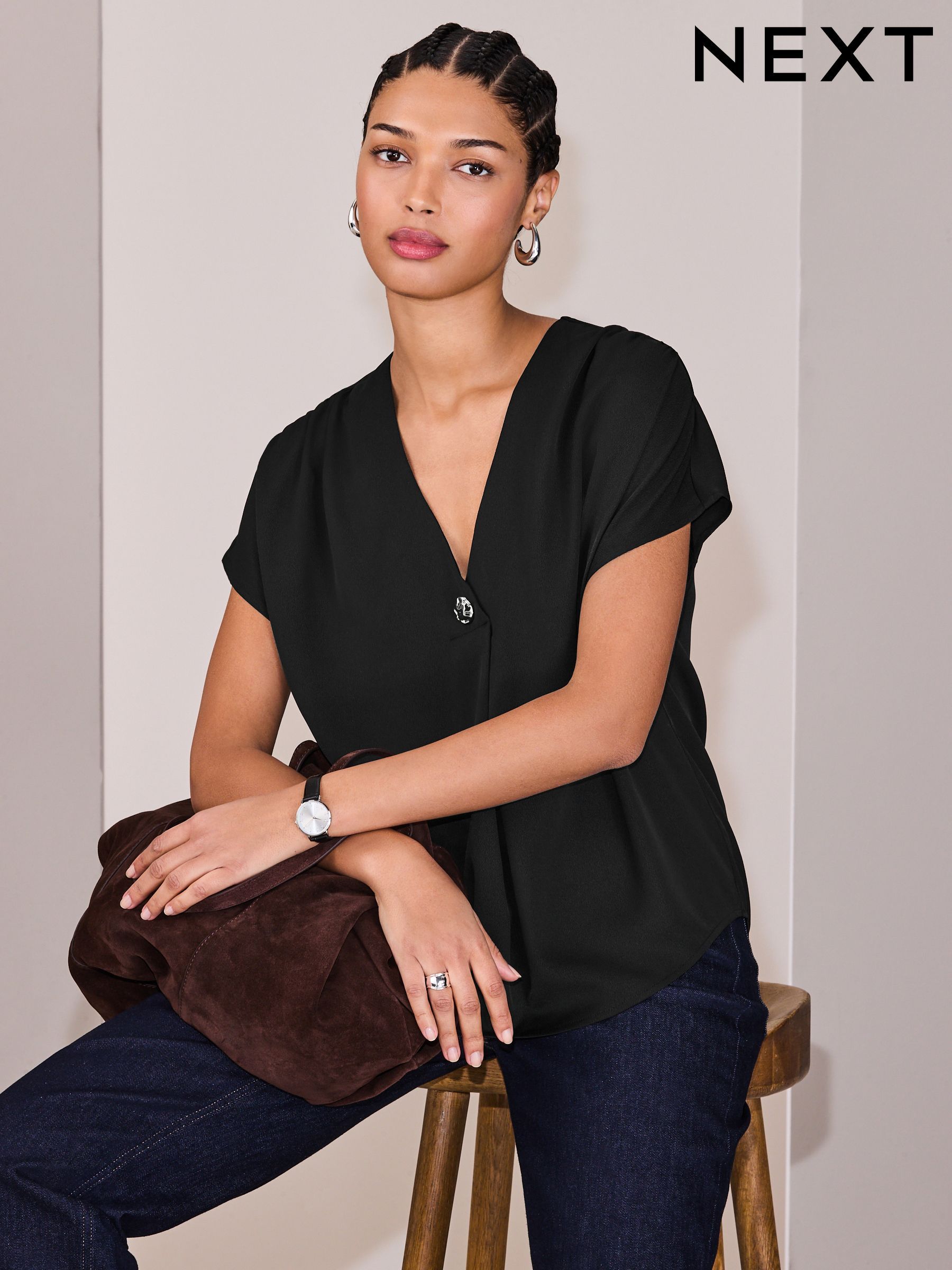 NEXT Black Ruffle Front Blouse - Women's Size 10-22, Long Sleeve Mock Neck