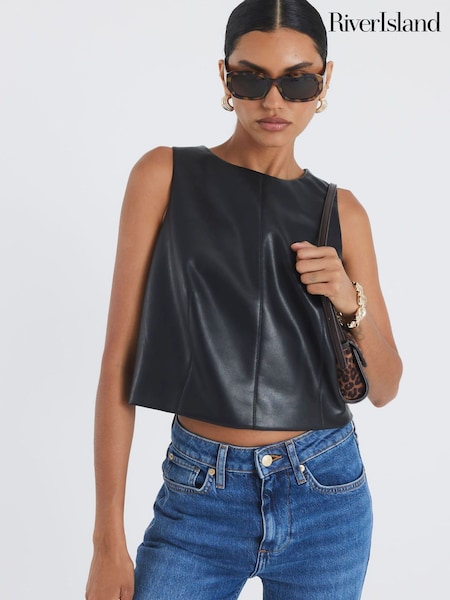 River Island Black Faux Leather Shell Top (V06734) | £29