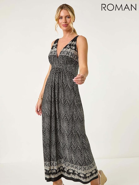 Roman Black Petite Palm Print Border Maxi Dress (V06880) | £45