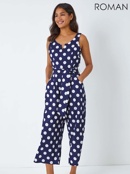 Roman Blue Spot Print Belted Jumpsuit (V06890) | £42
