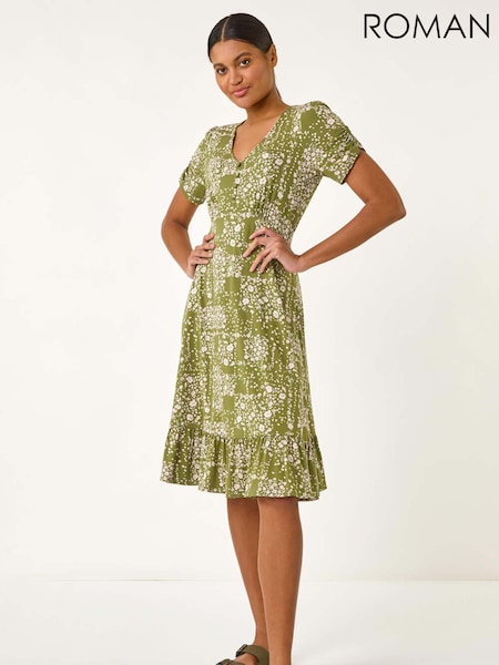 Roman Green Floral Print V-Neck Button Dress (V06896) | £48