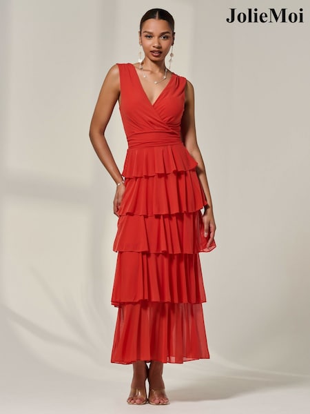 Jolie Moi Orange Mesh Sleevless Tierred Dress (V08039) | £65