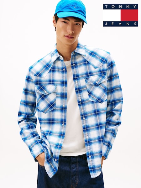 Tommy Jeans Blue Regular Fit Flannel Check Western Shirt (V08050) | £80