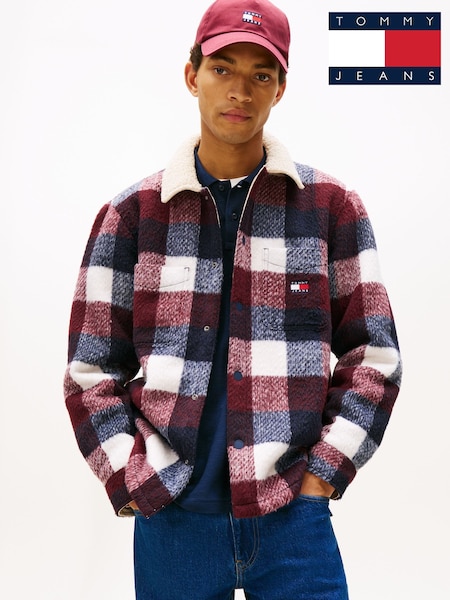 Tommy Jeans Red Oversized Fit Check Teddy Collar Overshirt (V08051) | £130