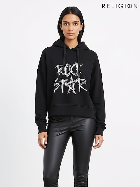 Religion Black Flora Crop Hoodie with Embroidered Rock Star Slogan (V08162) | £75