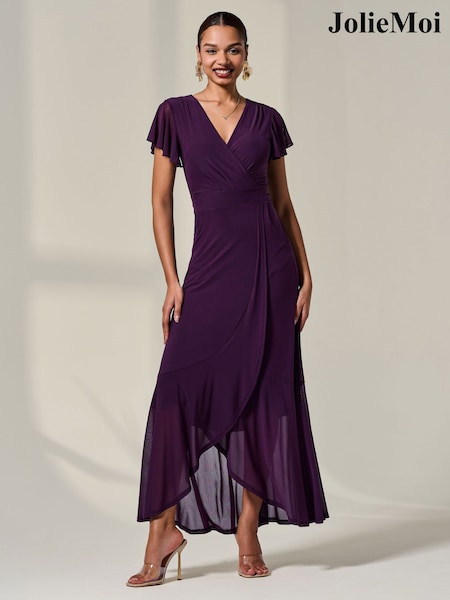 Jolie Moi Purple Plain Wrap Mesh Maxi Dress (V08254) | £79