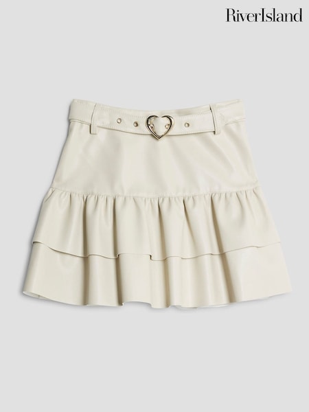 River Island Cream Faux Leather Rara Skirt with Heart Belt (V08262) | £20