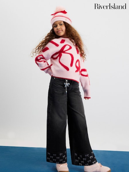 River Island Black Bow Hem Hotfix Wide Leg Jeans (V08276) | £29