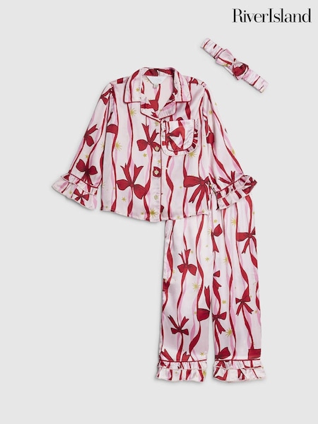 River Island Pink Bow Print Satin Pyjamas (V08293) | £24