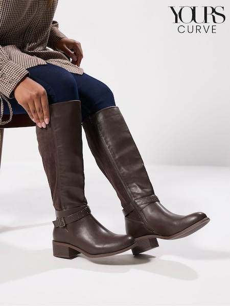 Yours Curve Brown Extra-Wide Fit Block Metal Strap Boots (V08332) | £60