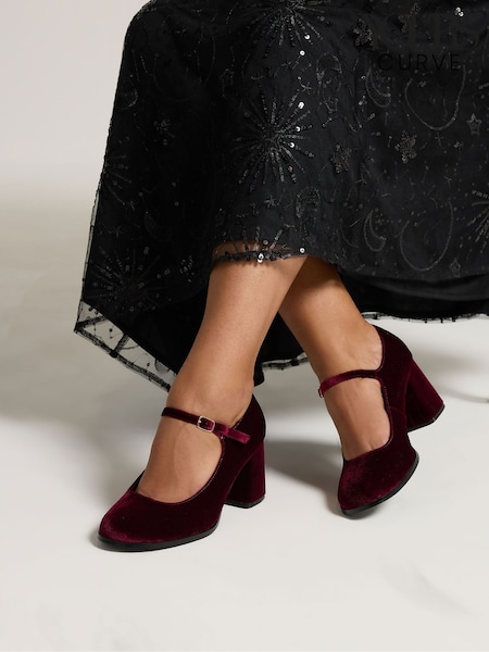Yours Curve Red Extra Wide Fit Velvet Mary Jane Shoes (V08351) | £45