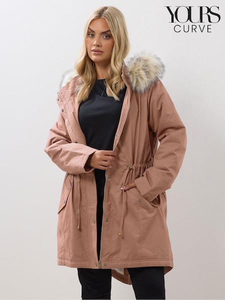 Yours Curve Pink Fur Trim Parka Coat (V08353) | £70