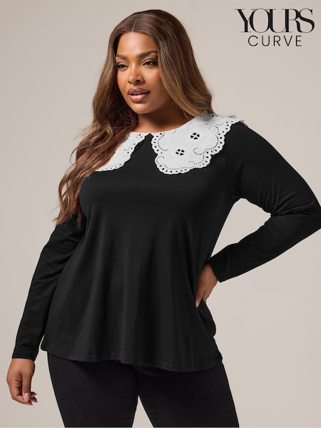Yours Curve Black Lace Collar Long Sleeve A-Line Top (V08354) | £22