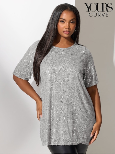Yours Curve Silver London Sequin T-Shirt (V08391) | £45