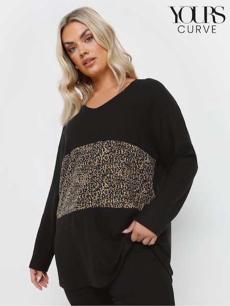 Yours Curve Black Leopard Print Colourblock Jumper (V08392) | £29
