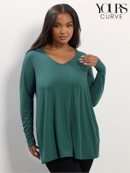 Yours Curve Blue Long Sleeve Ribbed Swing T-Shirt (V08405) | £22