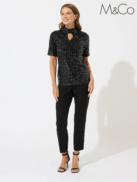 M&Co Black Mixed Sequin Keyhole Top (V08414) | £43