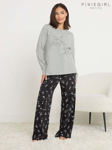 PixieGirl Petite Grey Starry Night Long Sleeve Wide Leg Pyjamas Set (V08494) | £29