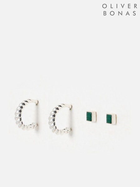 Oliver Bonas Silver Tone Hazel Malachite Stud and Twisted Hoop Earrings Set (V08943) | £48