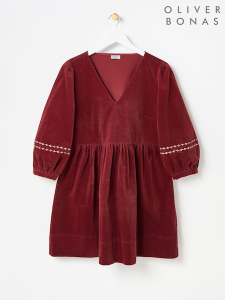 Oliver Bonas Red Corduroy Embroidered Sleeve V-Neck Mini Dress (V08953) | £78