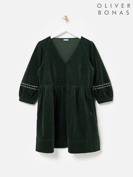 Oliver Bonas Green Corduroy Embroidered Sleeve V-Neck Mini Dress (V08955) | £78