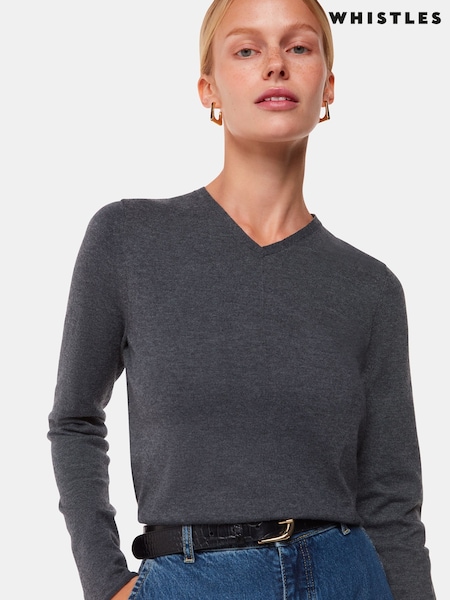 Whistles Grey Mila V-Neck Knit Jumper (V09106) | £39.50