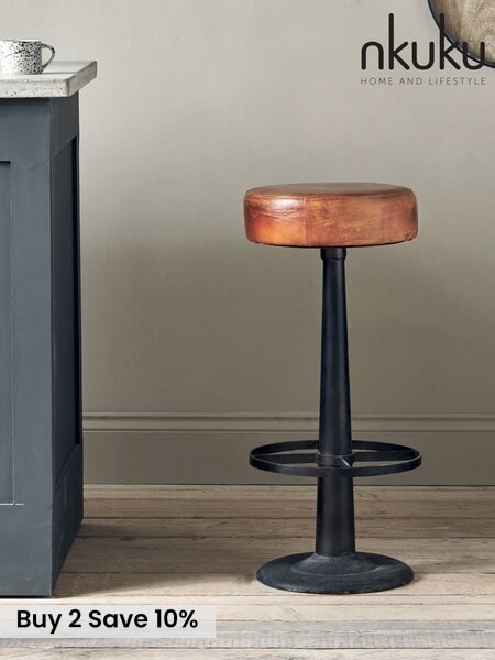 Nkuku Aged Tan Narwana Leather Round Bar Stool (V09239) | £250