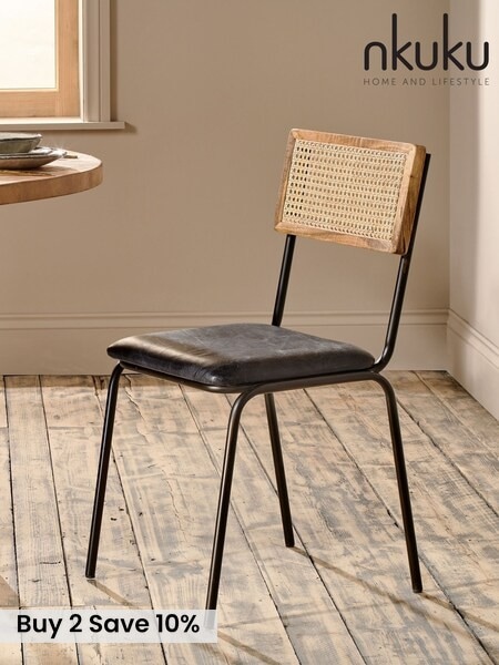 Nkuku Black Iswa Leather & Cane Dining Chair (V09248) | £250