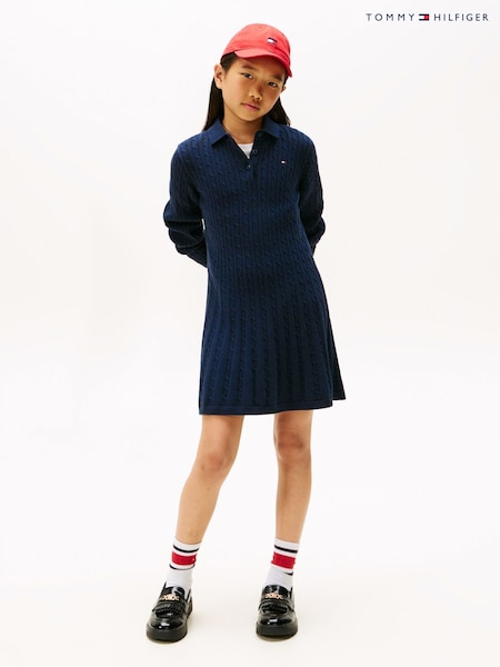 Tommy Hilfiger Blue Cable Knit Polo Collar Jumper Dress (V09268) | £55 - £65
