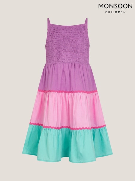 Monsoon Pink Sleeveless Smocked Colourblock Dress (V09286) | £25 - £29