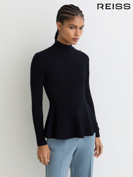 Reiss Navy Isabella Rib-Knit High-Neck Peplum Top (V09391) | £110