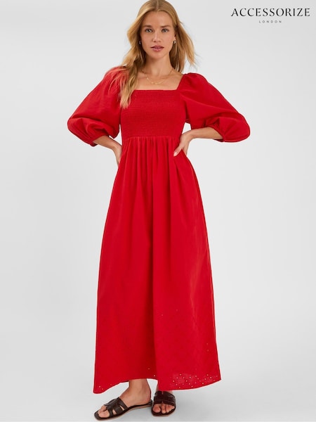 Accessorize Red Puff Sleeve Smocked Maxi Dress (V09445) | £60