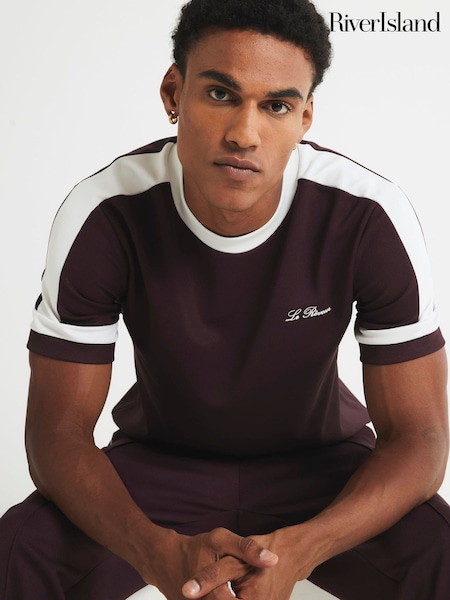 River Island Purple Slim Fit Pique Blocked T-Shirt (V09620) | £29