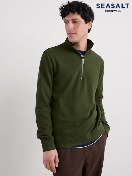 Seasalt Cornwall Green Mens Wood Moss Quarter Zip Sweatshirt (V09637) | £60