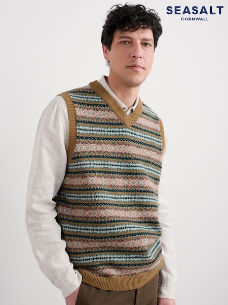 Seasalt Cornwall Yellow Mens Fair Isle Walt Vest (V09678) | £80