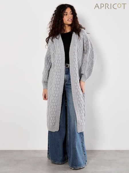 Apricot Grey Cable Knit Open Midi Cardigan (V09696) | £45