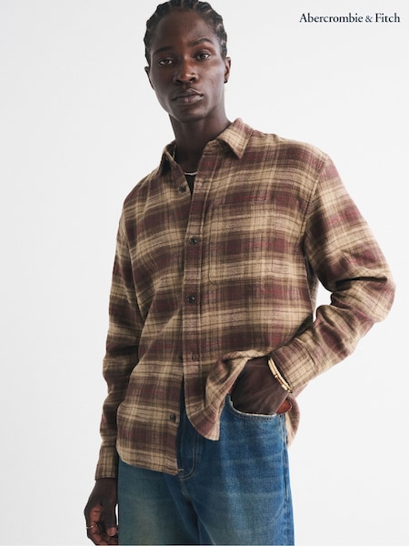 Abercrombie & Fitch Brown Sleeve Textural Flannel Button Up Shirt (V09991) | £65