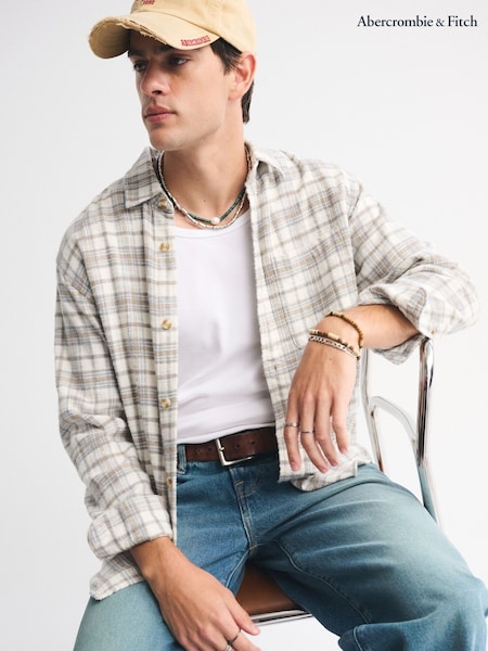 Abercrombie & Fitch Cream Sleeve Textural Flannel Button Up Shirt (V09992) | £65