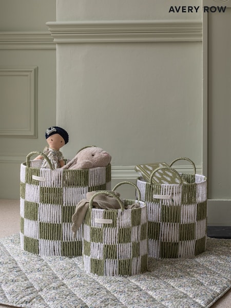 Avery Row Sage Checkerboard Storage Basket Set of 3 (V10031) | £110